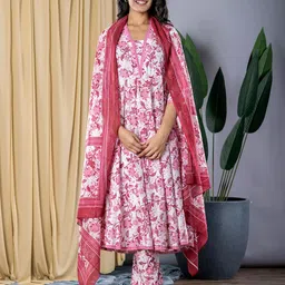 KALINI Floral Printed Square Neck Pure Cotton A-Line Kurta with Trousers & Dupatta-image-50