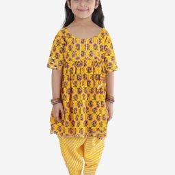 Superminis Girls Yellow Printed Angrakha Pure Cotton Kurti with Salwar-picture-19
