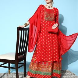 SheWill Women Red & Golden Ethnic Motifs Printed Kurta with Skirt & With Dupatta-picture-15