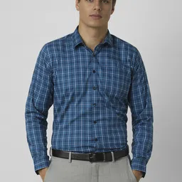 Van Heusen Men Slim Fit Spread Collar Tartan Checked Cotton Formal Shirt-image-98