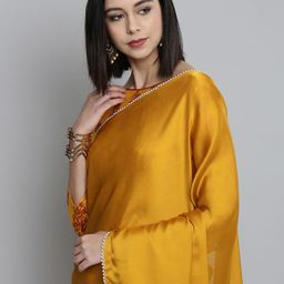 HERE&NOW Mustard Yellow Beads and Stones Satin Saree-image-4