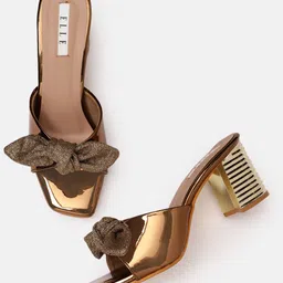 ELLE Copper-Toned Solid Block Heels with Bow Detail-18