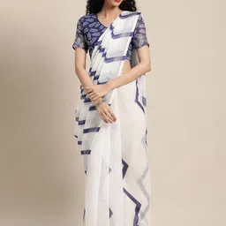 Anouk White & Navy Blue Chevron Printed Pure Linen Saree-33