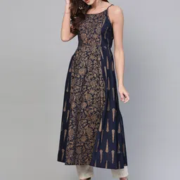 Pannkh Women Navy Blue & Golden Printed A-Line Kurta-image-72