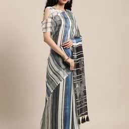 Anouk Off White & Black Striped Pure Linen Work wear Saree-image-32