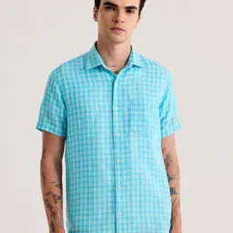 Red Flame Gingham Checked Cotton Linen Casual Shirt-image-33