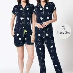 Zeyo Women Navy Blue & White Star Printed Night Suit-image-79