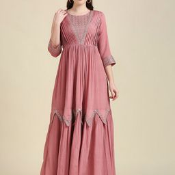 MADHURAM Pink & Gold-Toned Chiffon Ethnic Maxi Dress-41