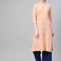 W Women Peach-Coloured & Blue Printed Straight Kurta-image-14