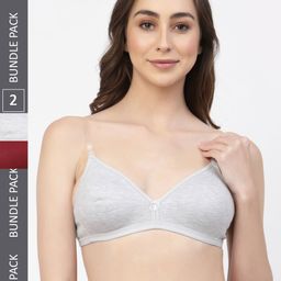 Floret Grey Melange & Maroon Pack of 2 Solid T-shirt Bra T3005_Cool Grey-Merlot_30B-24