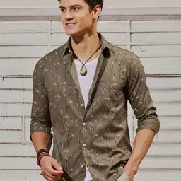 Red Flame Floral Printed Spread Collar Twill Casual Shirt-image-57