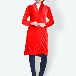 TEEMOODS Women Red Cotton Solid Longline Monochrome Shrug-9