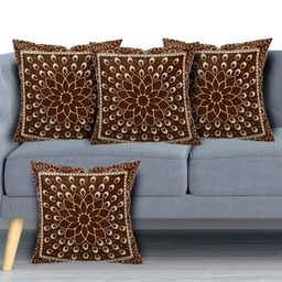 Kuber Industries Set Of 4 Brown & Beige Floral Velvet Square Cushion Covers-95