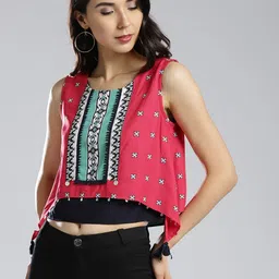W Women Pink Printed A-Line Layered Crop Top-image-72