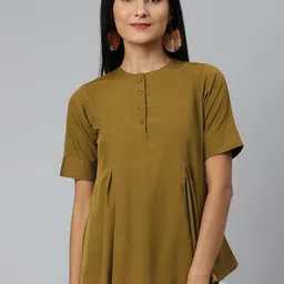 Ives Olive Green & Navy Blue Crepe A-Line Top-picture-22