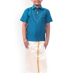 Thangamagan Boys Blue & White Solid Shirt and Veshti-picture-4