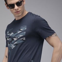 Roadster Men Navy Blue Printed Round Neck Pure Cotton T-shirt-image-37