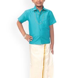 Thala-thalapathy Boys Blue & Cream-Coloured Solid Shirt with Veshti & Gift Set-24