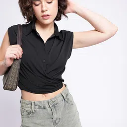 glitchez Classic Cool Sleeveless Tie-Up Wrap Shirt Style Crop Top-picture-16