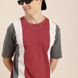 HERE&NOW Pure Cotton Colourblocked Drop-Shoulder Sleeves Casual T-shirt-picture-46