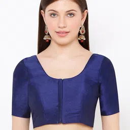 SALWAR STUDIO Women Navy Blue Solid Readymade Mulberry Silk Saree Blouse-image-35