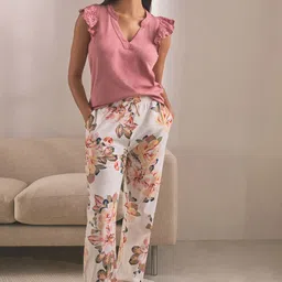 NEXT Women Pure Cotton Top & Printed Joggers Night suits-image-6
