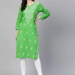 ADA Women Green & White Hand Embroidered Lucknowi Chikankari Straight Sustainable Handloom Kurta-image-71