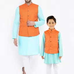 VASTRAMAY Men Blue Kurta with Pyjamas & Nehru Jacket-picture-4