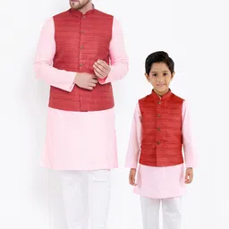 VASTRAMAY Men Pink Kurta with Pyjamas & Nehru Jacket-picture-21
