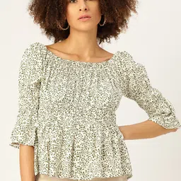 Off Label White & Olive Green Printed Smocked A-Line Top-picture-6