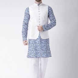 Hangup Men Blue & White Printed Kurta with Pyjamas & Nehru Jacket-picture-53