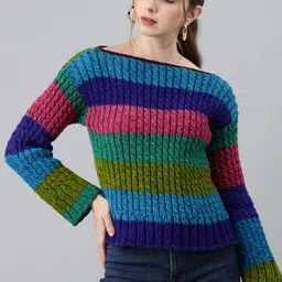 Magic Needles Women Striped Boat Neck Acrylic Pullover-image-15