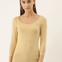 zebu Women Beige Solid Knitted Fitted Top With Lace Inserts-image-32