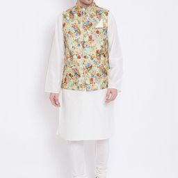 Tulsattva Men White Printed Kurta with Churidar with Nehru Jacket-picture-15