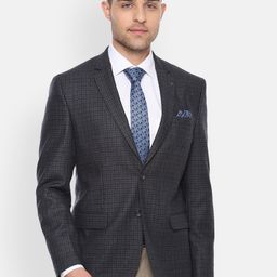 Van Heusen Men Navy Blue & Brown Checked Single-Breasted Slim-Fit Wool Blazer-picture-22