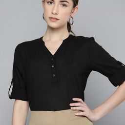 Chemistry Women Black Solid Pure Cotton Mandarin Collar Top-picture-9