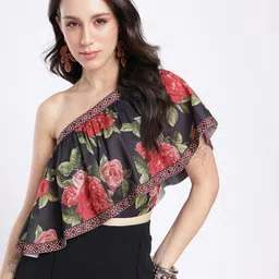 glitchez Floral Printed One Shoulder Layered Crop Top-picture-0