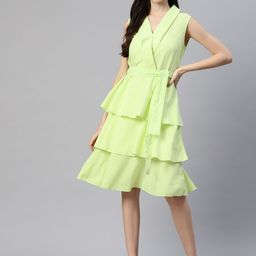 plusS Women Green Solid A-Line Dress-image-100