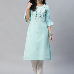 LAAKHI Women Blue & Mustard Yellow Pure Cotton Ethnic Motifs Printed Flared Sleeves Kurta-2
