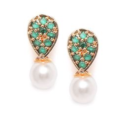 Zaveri Pearls Green & Off-White Gold-Plated CZ-Studded Beaded Teardrop-Shaped Studs-image-73
