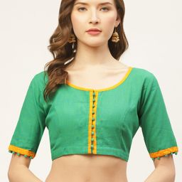 tantkatha Women Green & Yellow Solid Saree Blouse-image-50