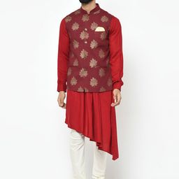 KISAH Men Red & Gold-Toned Solid Kurta with Churidar-36