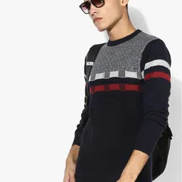Navy Blue Textured Round Neck Sweater-image-41