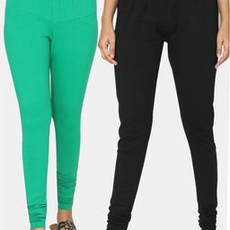 TSG Bliss Women Pack Of 2 Black & Green Solid Churidar-Length leggings-image-48