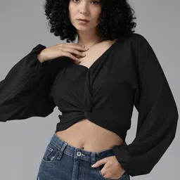 The Roadster Lifestyle Co. Puff Sleeves Twisted Crop Top-48