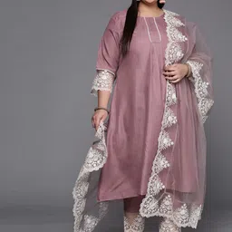 INDDUS PLUS Women Mauve & White Solid Lace Inserts Kurta with Trousers & Net Dupatta-picture-27