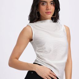 glitchez Crinkled Ruched Boat Neck Asymmetric Hem Top-image-80