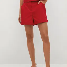MANGO Women Red Cotton Solid Regular Fit Shorts-image-77