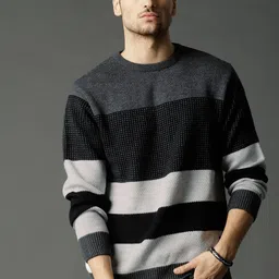 Roadster Men Grey and White Striped Pullover-image-43