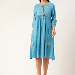 MISRI Embroidered Tie-Up Neck Puff Sleeves A-Line Dress-image-37